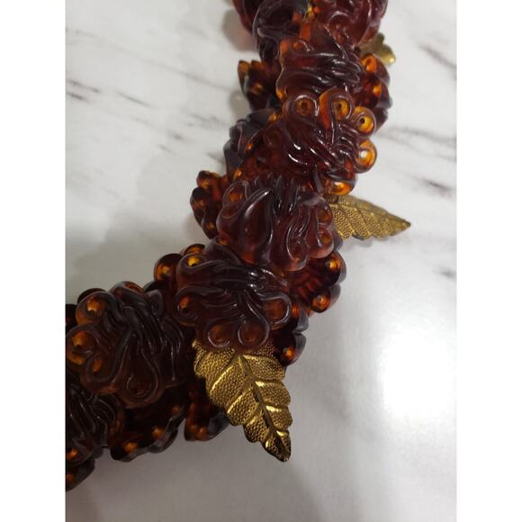 Vintage Celluloid Plastic Faux Tortoise Shell Leaf Flower Bloom Bead Necklace - Picture 8 of 9